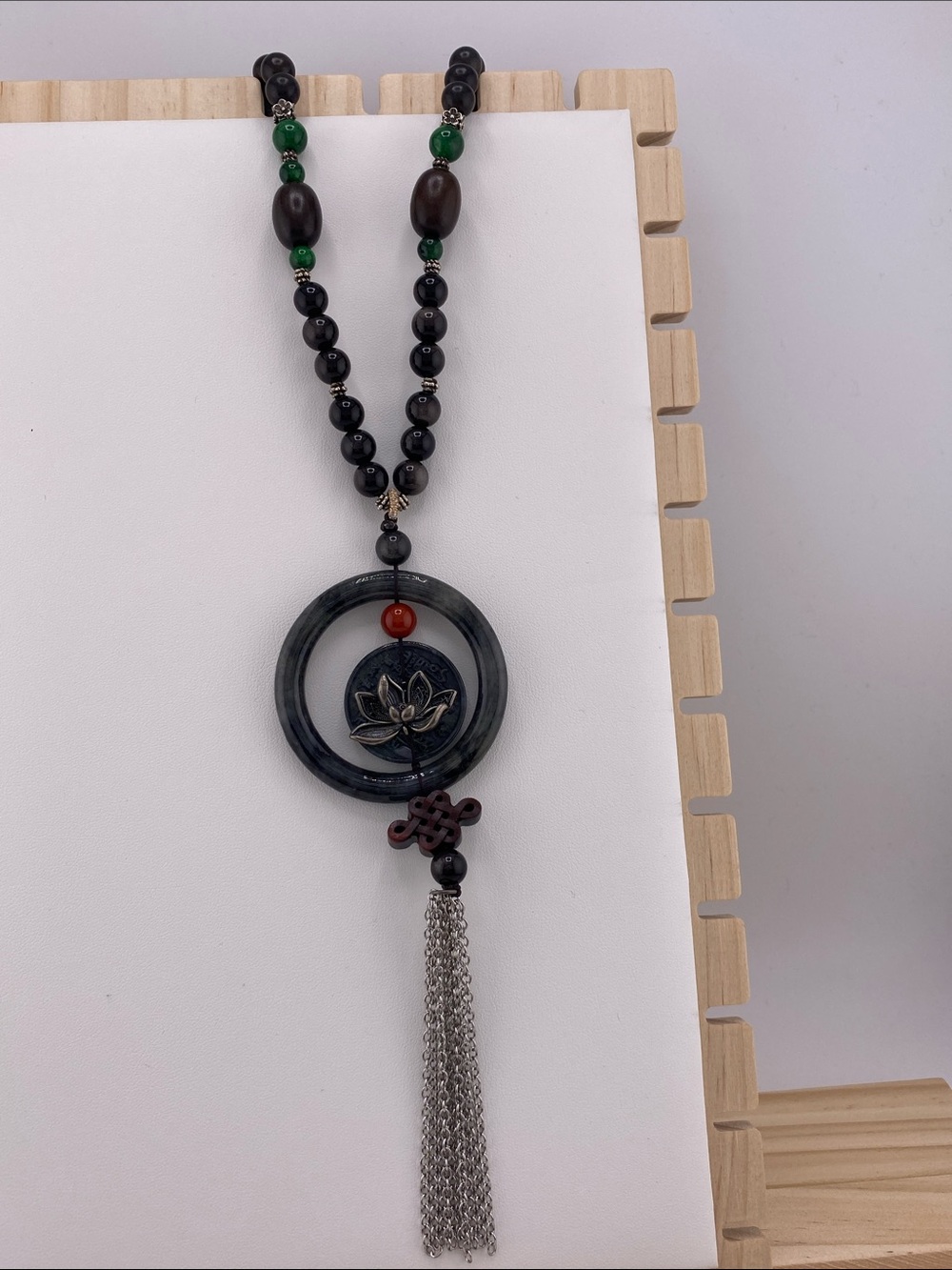 High Quality Blue Water Jadeite Lotus Coin Tassel Pendant Necklace
